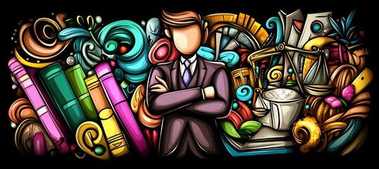 Colorful doodle illustration of a confident businessman surrounded by legal and educational symbols.