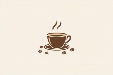 Minimalist coffee cup logo featuring steam and scattered coffee beans in warm tones for an elegant design aesthetic