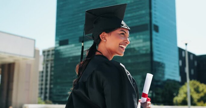 City, education and graduation with girl student walking outdoor for college or university ceremony. Buildings, certificate and qualification with proud graduate downtown for scholarship success
