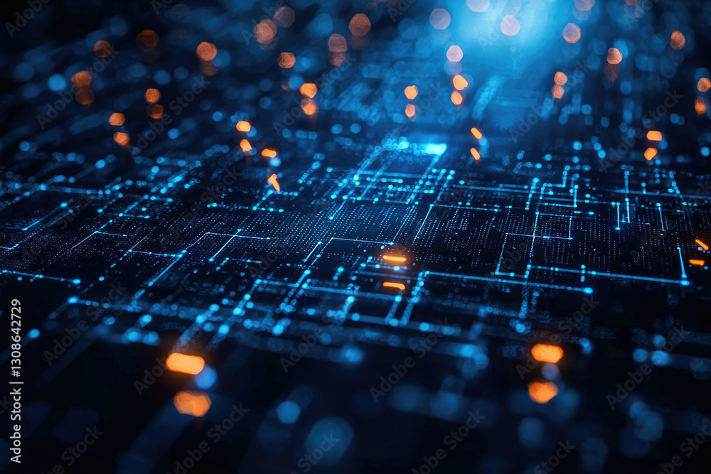 Aufkleber Abstract digital network, glowing lines and nodes forming complex circuitry, representing data flow and connectivity.