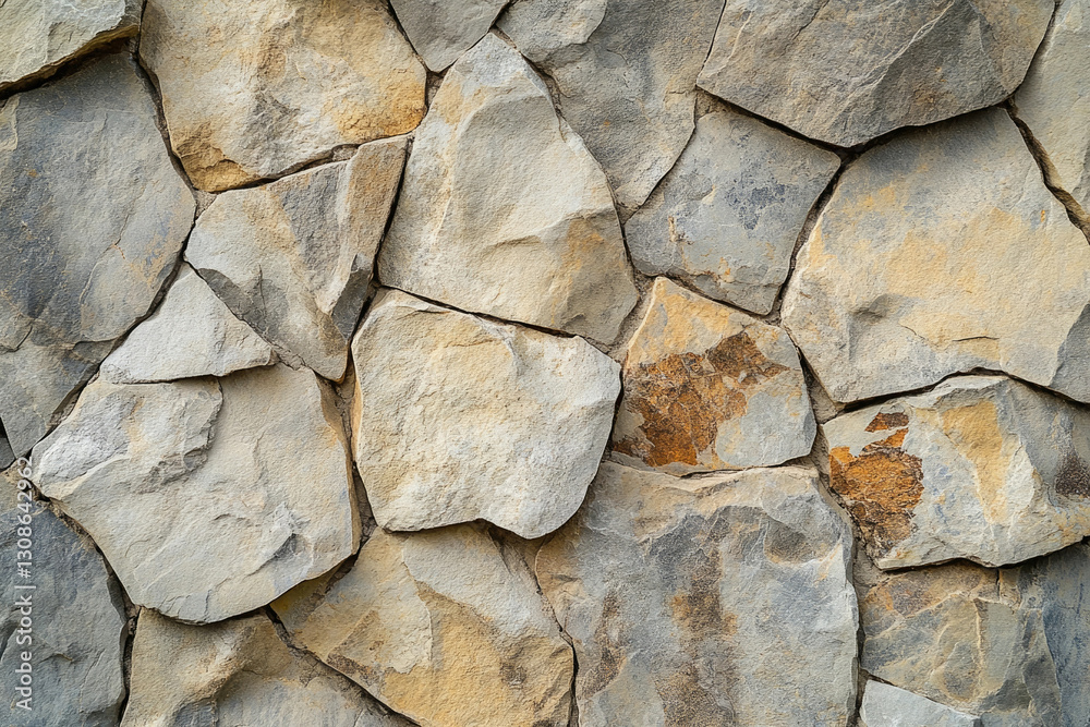 Poster irregularly shaped stones create a rustic, textured wall, showcasing natural variations in color and