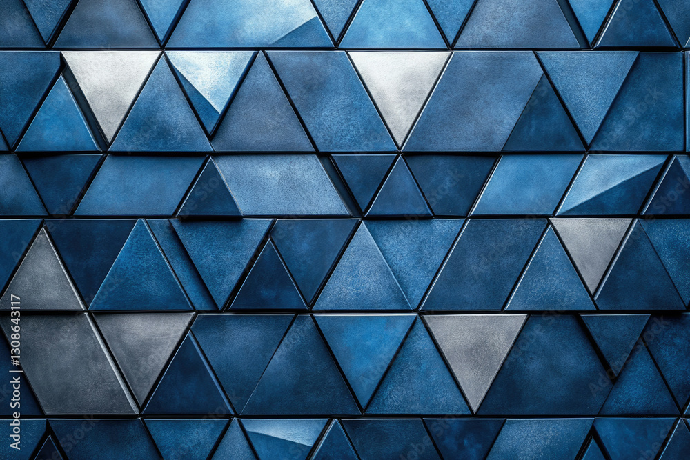 Poster abstract background of dark blue and silver metallic triangles forming a geometric pattern.