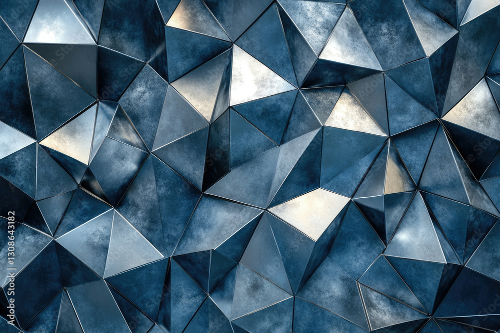 Poster Abstract metallic background with textured geometric shapes, creating a 3D effect in shades of blue.