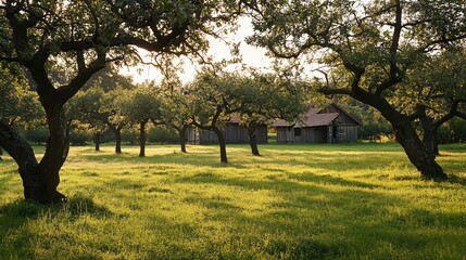 Obraz premium Sunlit orchard with old wooden sheds.
