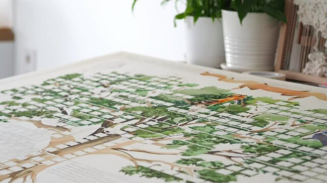 Background process of drawing watercolor painting - family tree. Green paint predominates. Watercolor painting. Creative art workshop. Graphic painting on watercolor paper