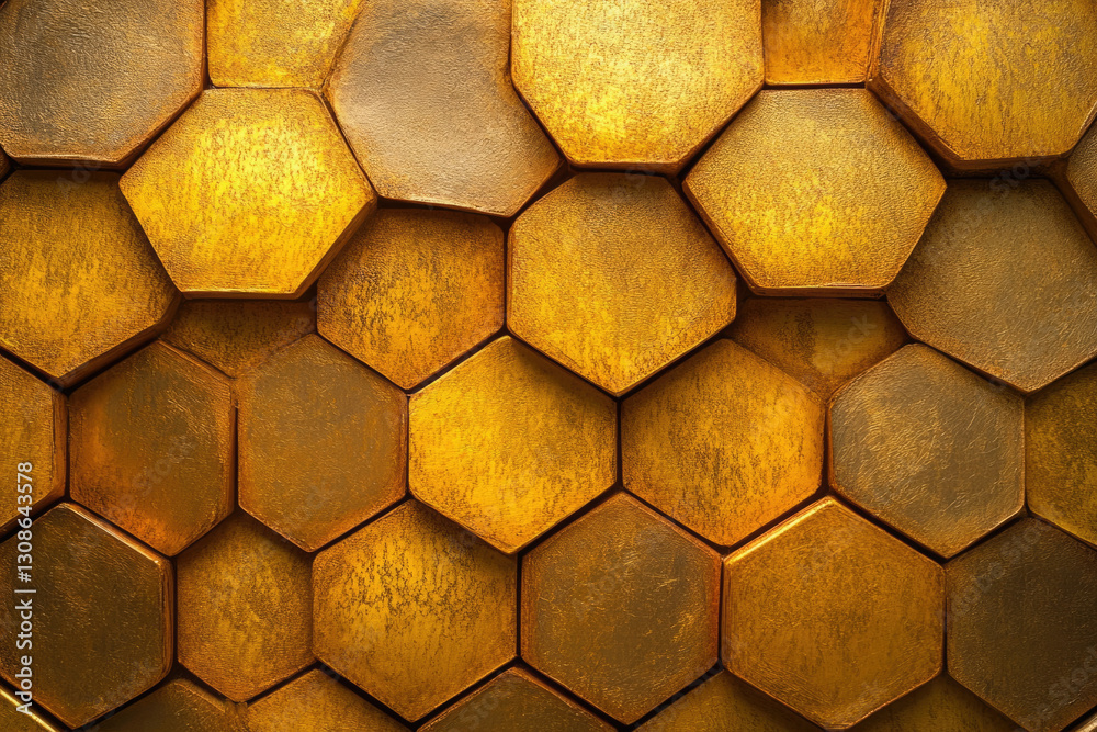 Poster golden hexagon pattern, textured surface, honeycomb structure, abstract background.