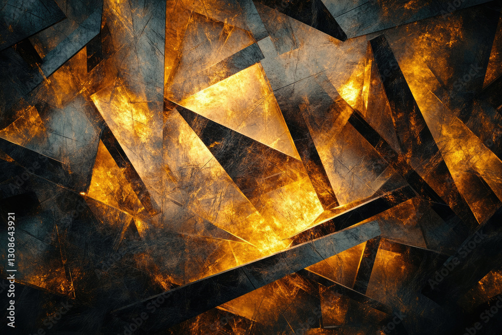 Fototapete Abstract art featuring intersecting dark and golden metallic triangles, creating a dynamic and textured composition.