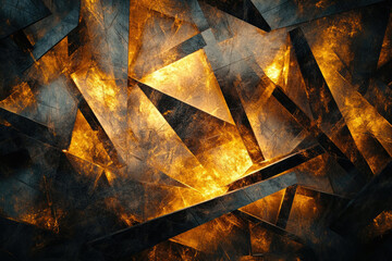 Fototapeta premium Abstract art featuring intersecting dark and golden metallic triangles, creating a dynamic and textured composition.