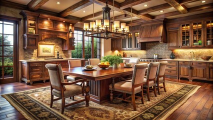 Fototapeta premium Rustic Elegance A Luxurious Kitchen and Dining Area Featuring Rich Woodwork, a Grand Chandelier, and an Inviting Atmosphere