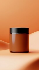 Amber Glass Jar with Black Lid on Brown Background