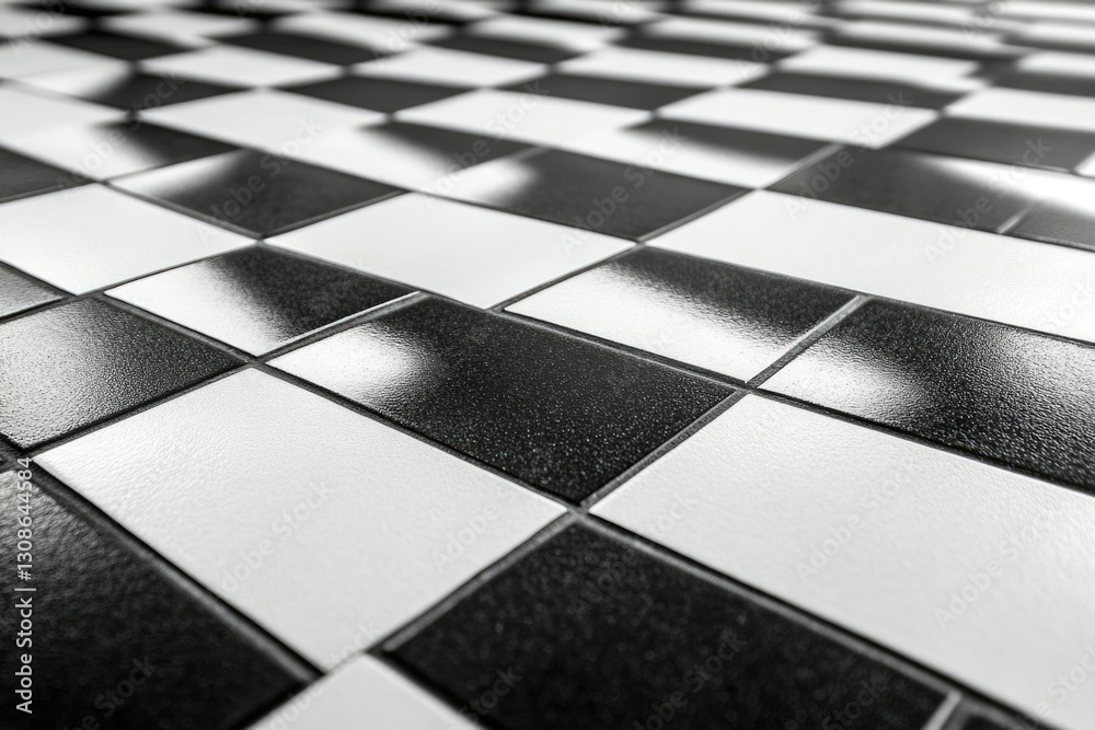 Poster black and white checkered tile floor, reflecting light, creating a geometric pattern.