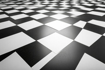 A perspective view of a black and white checkered floor, creating an illusion of depth and pattern.
