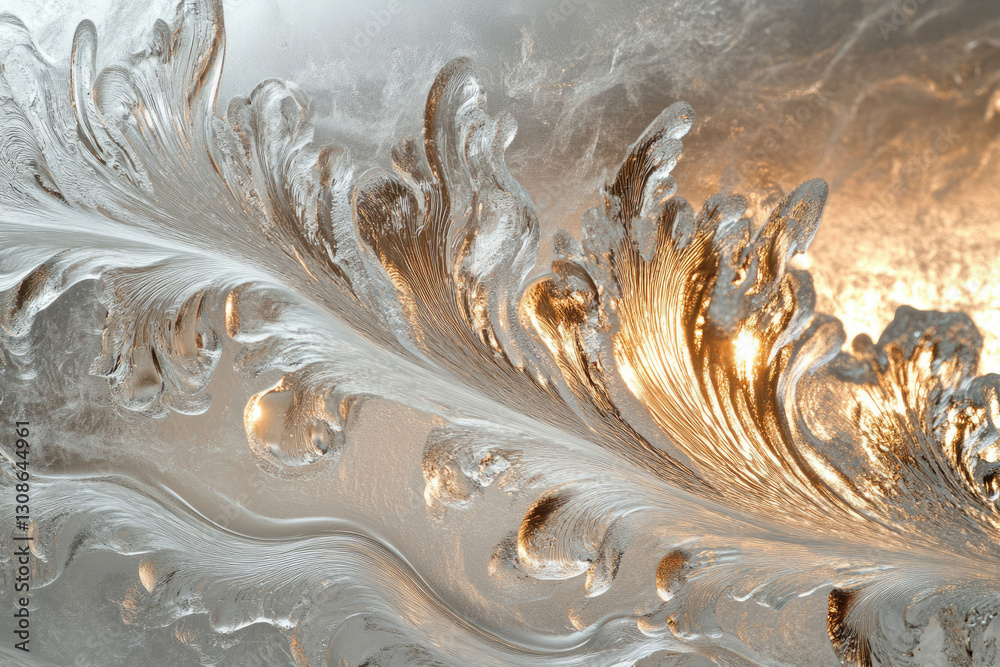 Poster Intricate frost patterns on a windowpane, illuminated by sunlight, creating a mesmerizing abstract art.