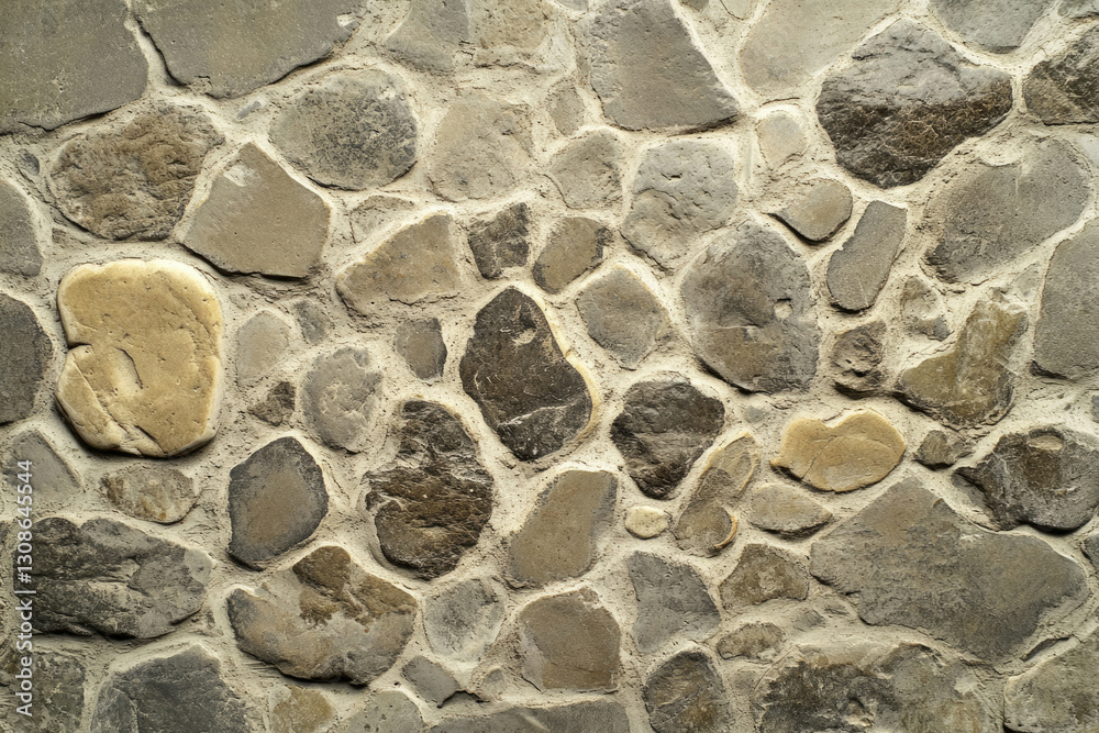 Poster a close-up view of a rustic stone wall, showcasing various sizes and shades of gray and beige stones