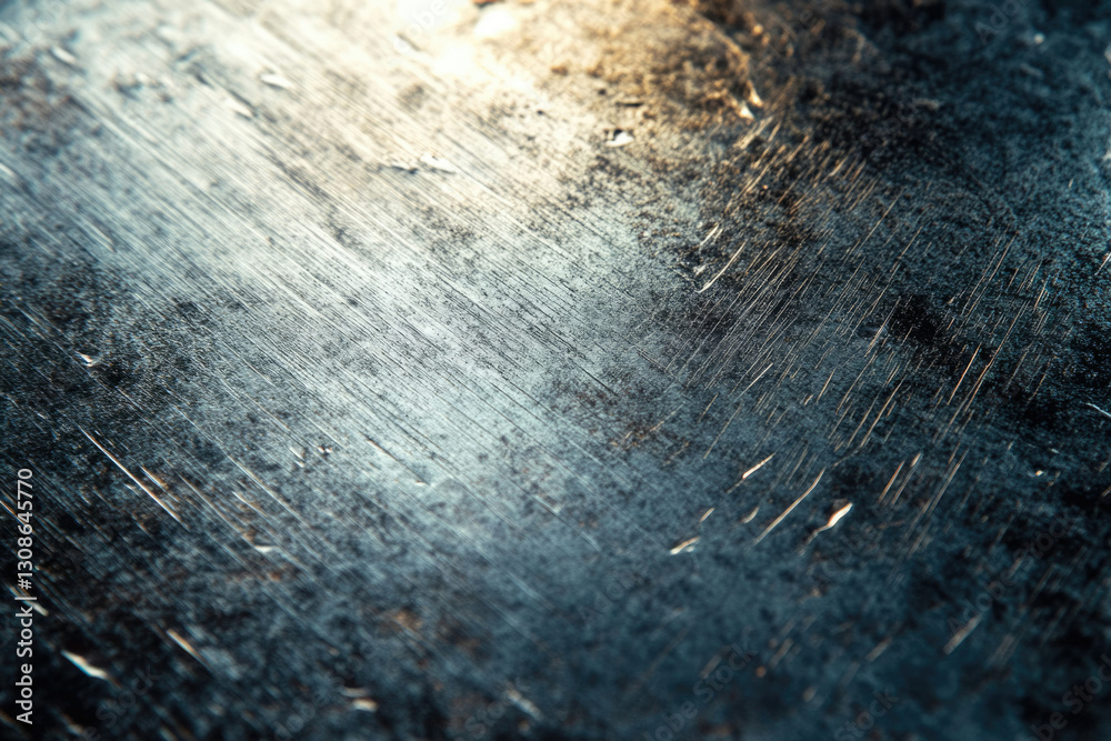 Poster close-up of a scratched metallic surface reflecting light, showing texture and wear.