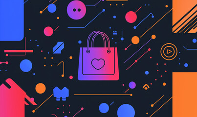 Fototapeta premium Colorful digital background featuring a shopping bag symbol amidst various geometric shapes and icons.
