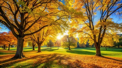 Fototapeta premium Golden autumn sunlight streams through vibrant foliage, casting long shadows across a picturesque park landscape, creating a serene and idyllic scene.