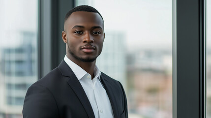 Young professional in suit, confident stance, city view backdrop