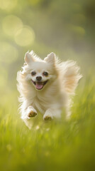 A small fluffy dog joyfully running through a sunlit green meadow, its playful energy and happiness shining in soft, dreamy light