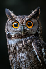 An owl with striking orange eyes staring intently, its detailed feathers and sharp gaze creating an air of wisdom, mystery, and observation