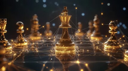 Golden king chess encounter with gold chess enemy on dark background and connection line for strategy idea and futuristic concept. Chess strategic business plan on businesspeople background