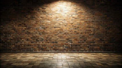 Moody photography in a dimly lit dark room with a tile floor and brick wall background, capturing the texture and atmosphere of the space , moody lighting, brick wall