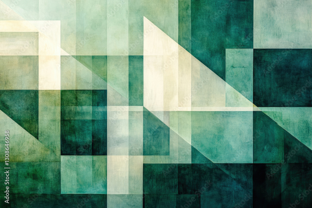 Aufkleber abstract geometric art featuring overlapping squares and triangles in shades of green and beige.