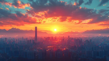 Fototapeta premium Stunning Cityscape Sunset Panorama Vibrant Sky Skyline and Mountains