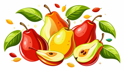 Ripe red yellow pear fruits with green leaf, seeds and drops flying falling isolated on white background. Fresh harvesting whole and sliced pear Forelle. Healthy food. Fruits