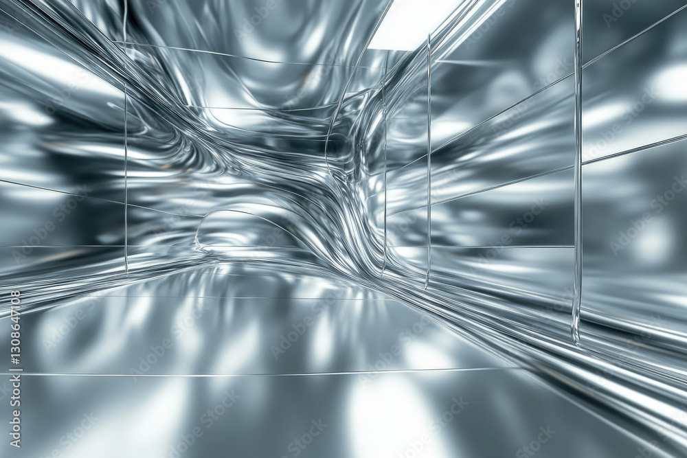 Poster abstract rendering of a metallic, fluid-like interior space with reflective surfaces and flowing lin