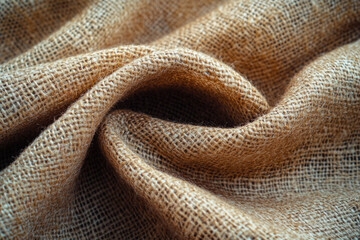 Fototapeta premium Close-up of textured burlap fabric, showcasing its coarse weave and natural brown color.