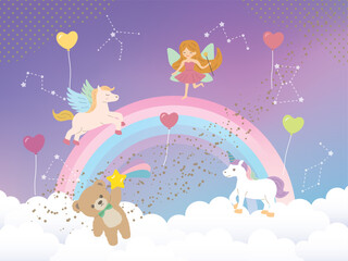 ゆめかわ　雲の上のメルヘンなイラスト素材