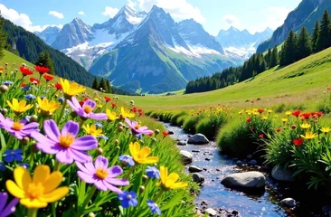 Fototapeten alpine meadow with flowers © Maria