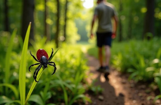 man on a walk in the spring park, collage insert of a tick. concept of danger and preventive treatment and treatment against ticks