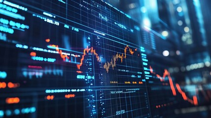 Digital Stock Market Data Visualization on Screen with Graph Lines