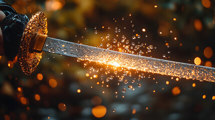 Ancient Blade: A close-up shot captures the intricate detail of a gleaming sword held in a gloved hand, sparks ignite in the air, adding a dramatic flair to the scene