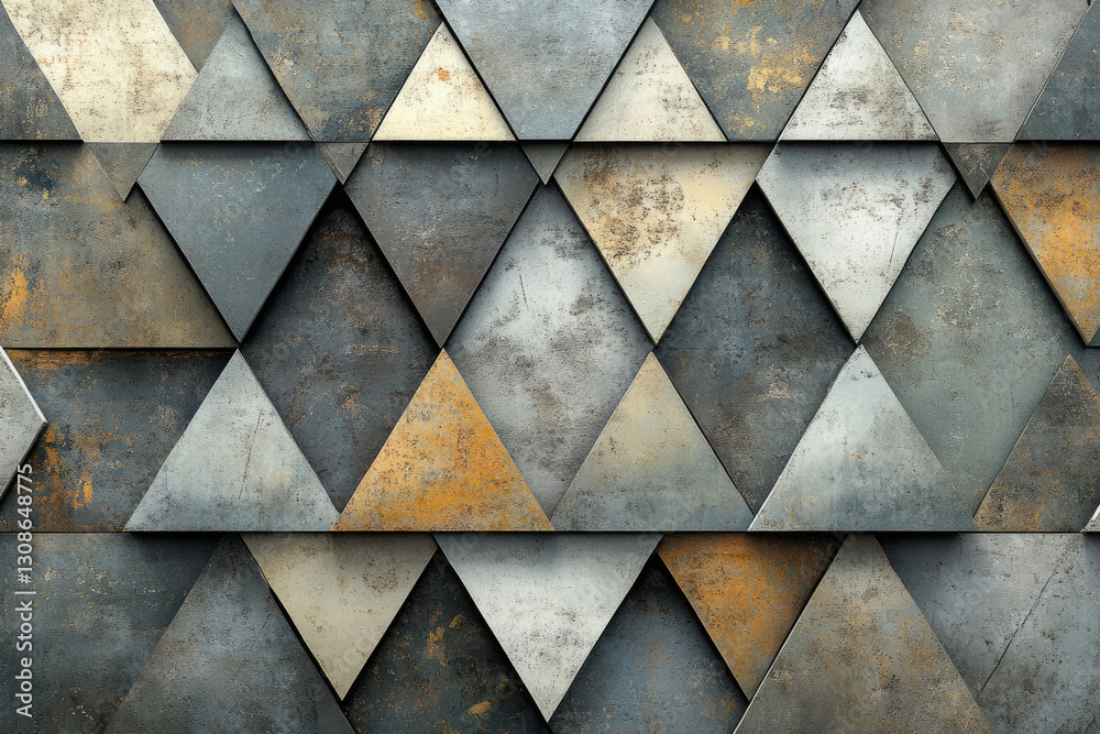 Poster geometric pattern of textured metallic triangles in shades of gray, beige, and gold.