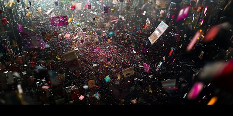Aerial view of a massive crowd celebrating with confetti falling.