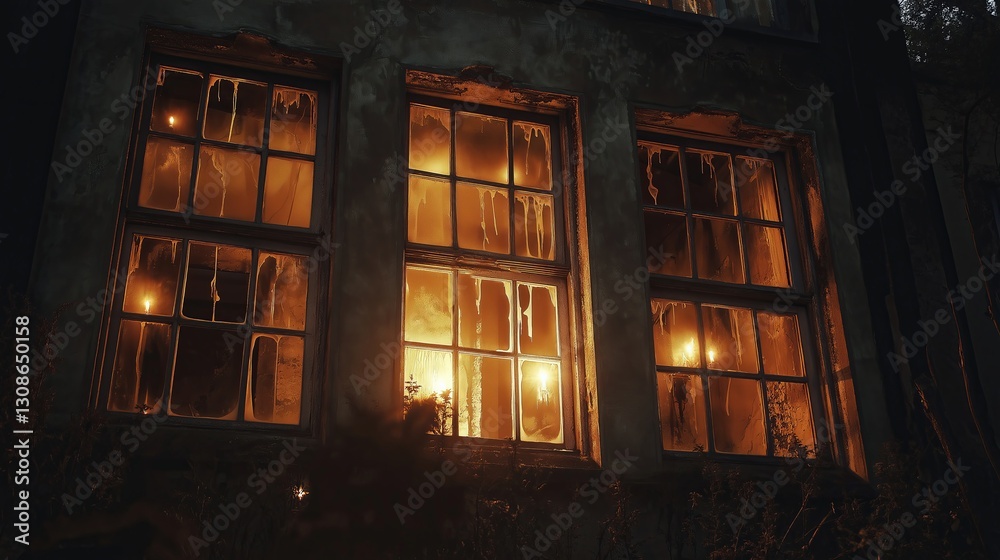 Aufkleber a haunted mansion with broken windows and flickering candlelight