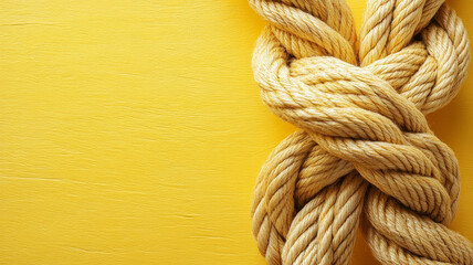 Fototapeta premium Close-up of a knot tied with rope on a yellow background.
