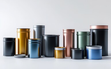 Various Elegant Metal Containers in Rich Colors and Styles Showcased on Light Background for Creative Design and Stylish Storage Solutions