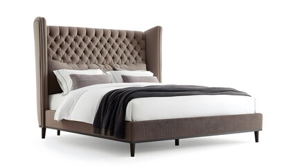 Elegant Bedroom Furniture: A stylish bed features a tall, tufted headboard, inviting comfort and sophistication, perfect for restful nights.