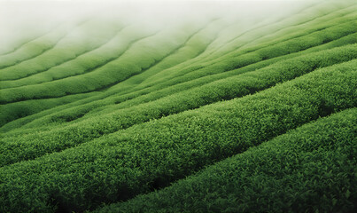 Green tea plantation illustration. Etching style. Tea plantation landscape background. Atmospheric summer view wallpaper.  