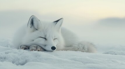 Naklejka premium Twilight aurora lights up the north pole arctic fox travel scene snowy landscape serene viewpoint