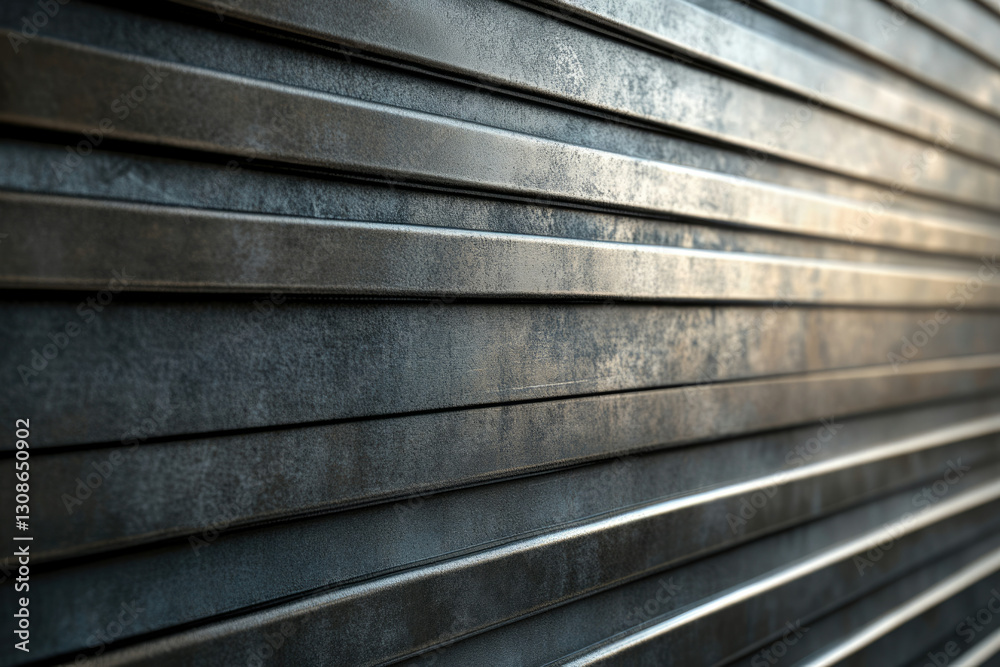 Poster Close-up of weathered metallic slatted surface, showing texture and depth.