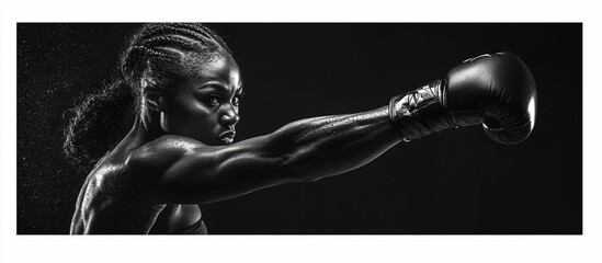 Black and white photo of a female boxer throwing a punch.