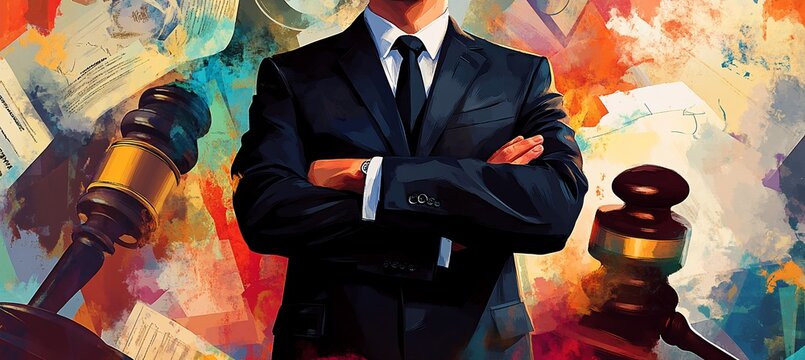 Confident lawyer with arms crossed, standing amidst colorful legal documents and gavels.