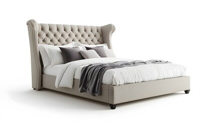 Cozy Bedroom Bed: A luxurious and inviting upholstered bed, complete with soft pillows, plush blankets, creating a serene and elegant space.