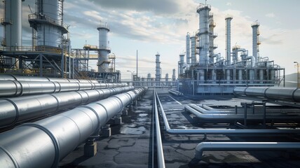 Aerial view of a complex industrial facility with pipelines and tanks. Top down view of gas valves pressure equipment made from metallic material. Industry and engineering concept for design. AIG53.