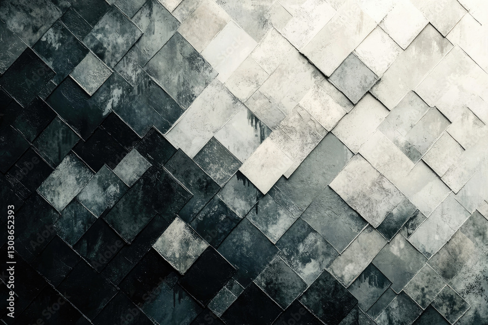 Poster Abstract grayscale artwork featuring a diagonal pattern of textured, square tiles, creating a visually dynamic composition.
